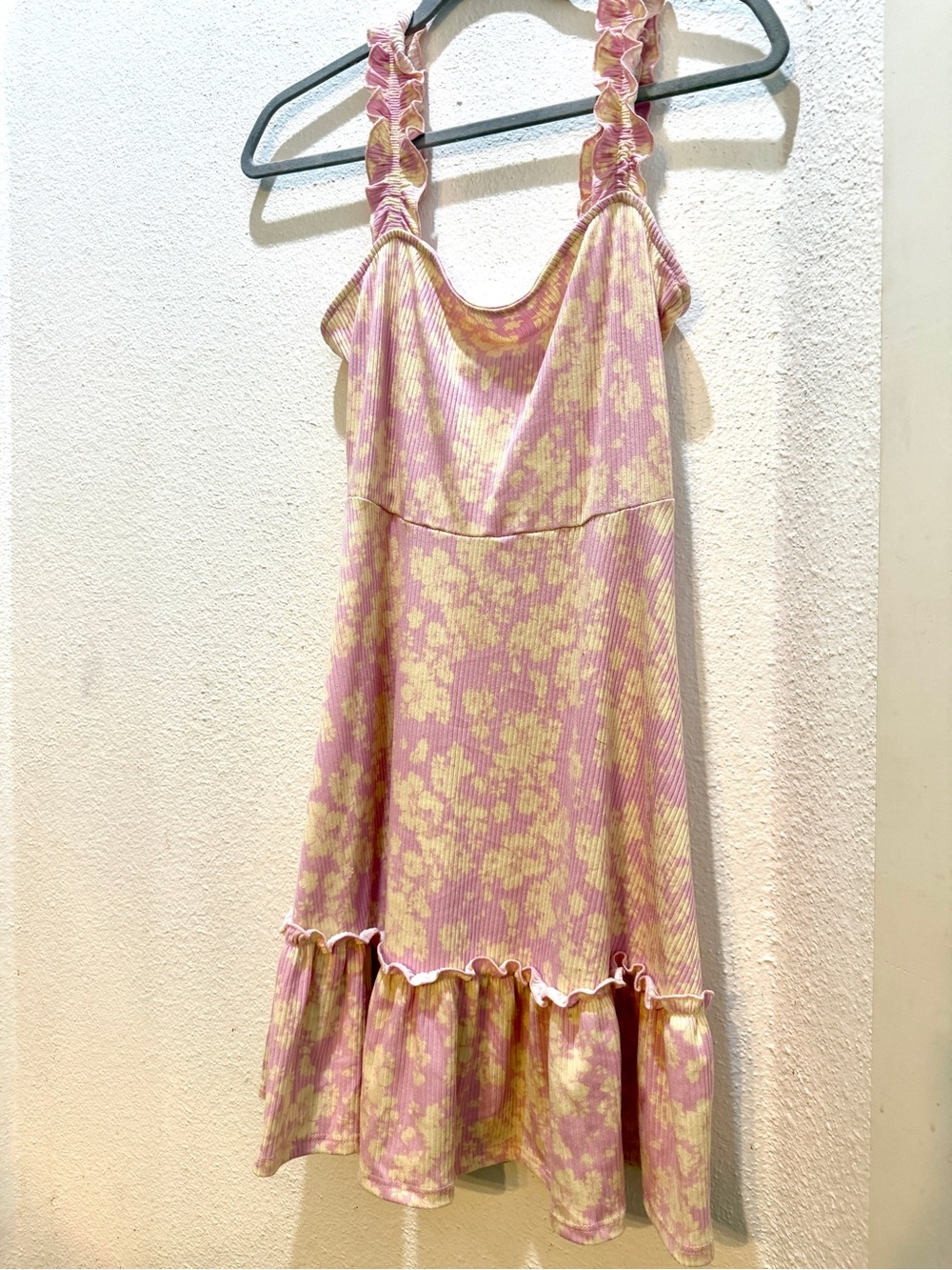 Pink Lily Floral Ribbed Ruffle Strap Mini Dress Pink Cream Size M